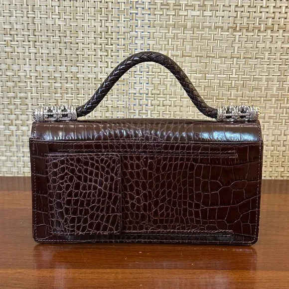 🌟7xHP🌟VTG 90s Brighton Croco Embossed Brown & Black Leather Organizer Wallet Bag - Picture 12 of 15